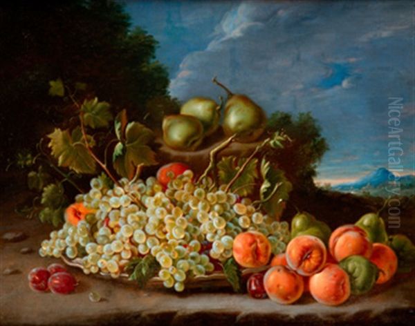 Bodegon Con Plato De Uvas Albaricoques, Peras Y Ciruelas En Un Paisaje Oil Painting by Luis Melendez