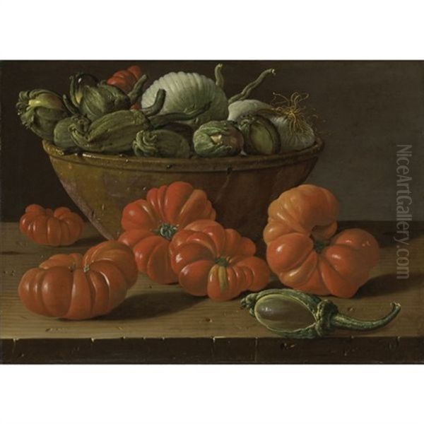 Still Life With Tomatoes, A Bowl Of Aubergines And Onions Oil Painting by Luis Melendez