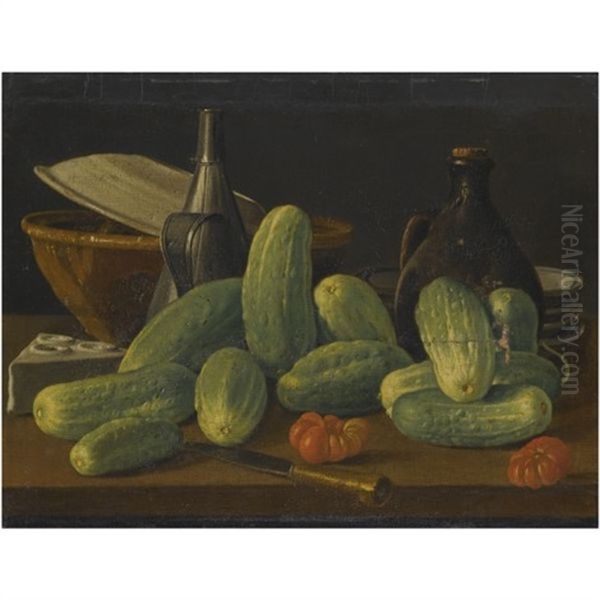 Still Life With Cucumbers And Tomatoes Together With A Knife And Other Kitchen Utensils Upon A Wooden Table by Luis Melendez