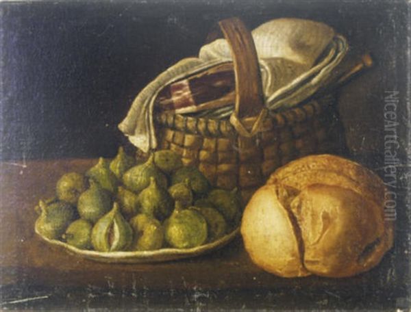 Still Life With Plate Of Figs, Bread And Basket With Ham Oil Painting by Luis Melendez