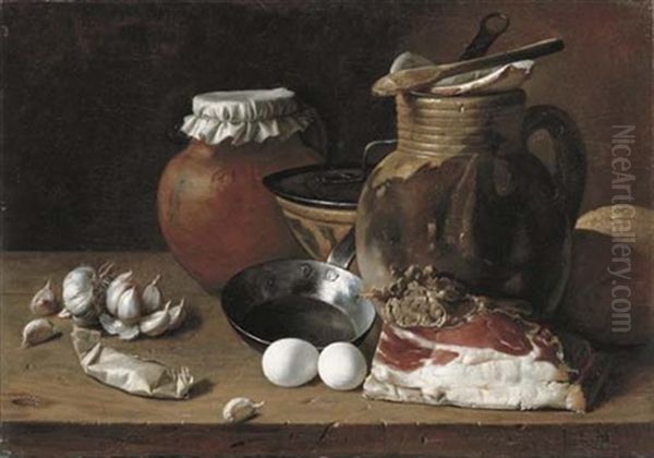 Ham, Eggs, Cloves Of Garlic, Bread, Terracotta Pots And A Frying Pan On A Wooden Ledge Oil Painting by Luis Melendez