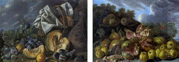 Nature Morte De Fruits Sur Fond De Paysage (+ Another; Pair) by Luis Melendez