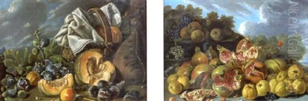 Nature Morte De Fruits Sur Fond De Paysage (+ Another; Pair) Oil Painting by Luis Melendez