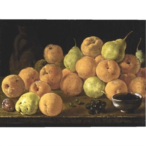 A Still Life Of Quinces, Pears, A Plum, A Bunch Of Red Grapes, Green Grapes, A Terracotta Jug And A Ceramic Cup, All Arranged Upon A Table Top Oil Painting by Luis Melendez