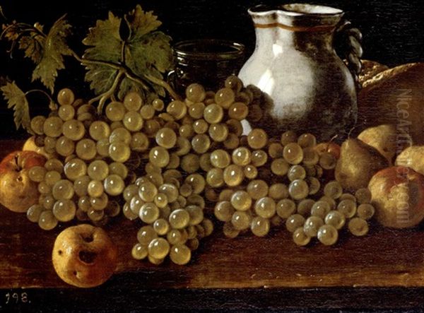 Bodegon Con Manzanas, Uvas, Peras, Pan, Jarra Y Vaso De Cristal Oil Painting by Luis Melendez