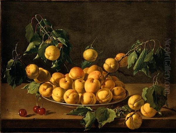 Still Life Of Apricots In A Ceramic Bowl, With Branches Of Apricots And Their Foliage Protruding Outwards, Together With Cherries And A Single Branch Of Apricots, All Arranged Upon A Plain Table Top Oil Painting by Luis Melendez