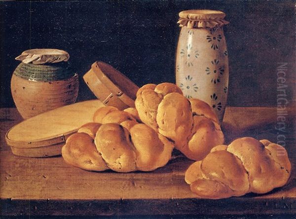 Bodegon With Bread, Two Sweet Boxes, A Green-glazed Biar Honey Pot And A Manises Ceramic Jar Oil Painting by Luis Melendez