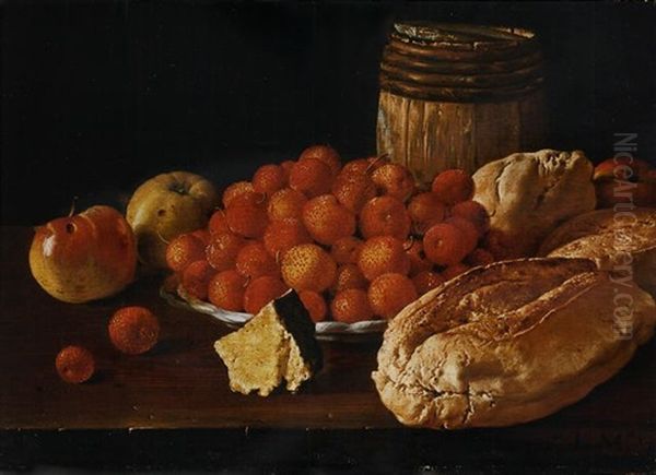 Arbutus Berries On A Plate, Apples, A Wood Barrel And Bread Rolls On A Wooden Table Oil Painting by Luis Melendez