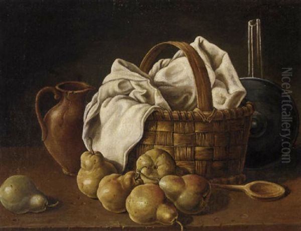 An Earthenware Jug, A Basket With A White Table-cloth, A Pewter Lid, A Wooden Spoon And Pears On A Wooden Table Ledge Oil Painting by Luis Melendez