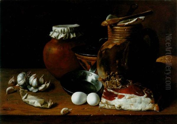 Des Gousses D'ail, Des Oeufs, Du Jambon, Une Poele Et Des Jarres Sur Une Table Oil Painting by Luis Melendez