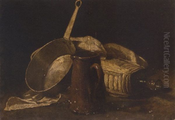 A Jug, A Saucepan And A Glass Bottle On A Partly Draped Table Oil Painting by Luis Melendez