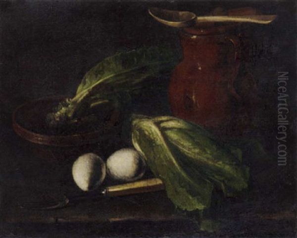 Eggs, Lettuce, A Jug, A Bowl Of Lettuce And A Fork On A Table Oil Painting by Luis Melendez