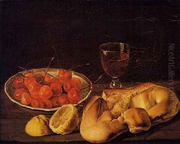 Natura Morta Con Pane, Limone, Un Calice Di Vino, Un Piatto Di Ciliegie Oil Painting by Luis Melendez