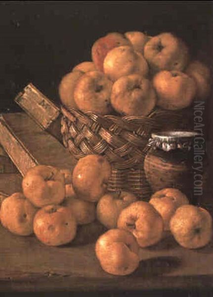 Apples In A Basket, A Jar And Condiment Boxes On A Table Oil Painting by Luis Melendez