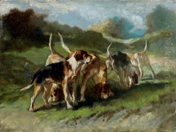 Cinq Chiens De Meute Par Temps D'orage Oil Painting by Joseph Urbain Melin