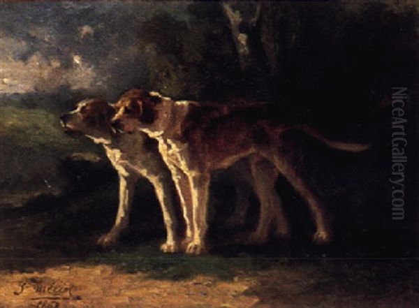 Zwei Witternde Jagdhunde Am Waldrand Oil Painting by Joseph Urbain Melin