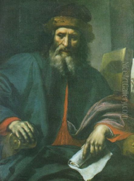 Ritratto Di Un Farmacista In Poltrona, Con Cappello Viola Bordato Di Pelliccia Ed Abito Rosso Oil Painting by Agostino Melissi