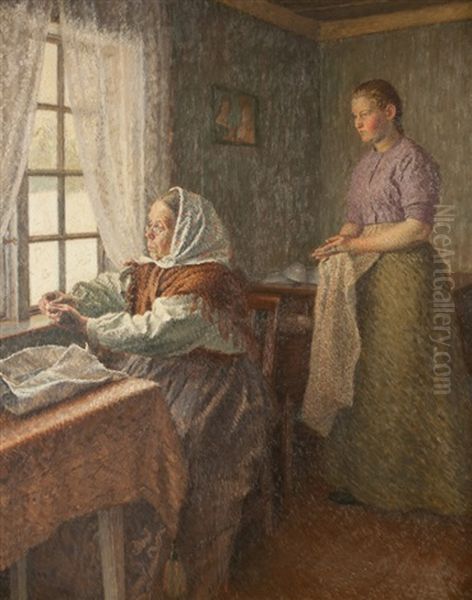 Interior Scene With Two Women Oil Painting by Gudbrand Mellbye (Mollbye)