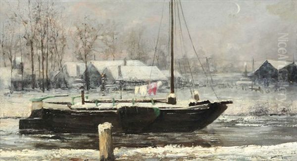 Chaloupe Ammaree En Hiver Oil Painting by Henri Van Melle