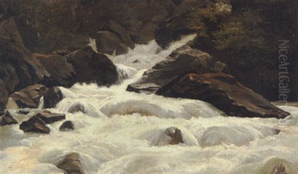 Natursceneri Med Brusende Vandfald Over Klipper Oil Painting by Leon-Auguste Melle