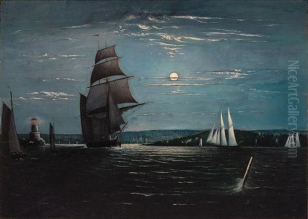 Ship Leaving Harbor By Moonlight (castine Harbor) Oil Painting by Mary Blood Mellen