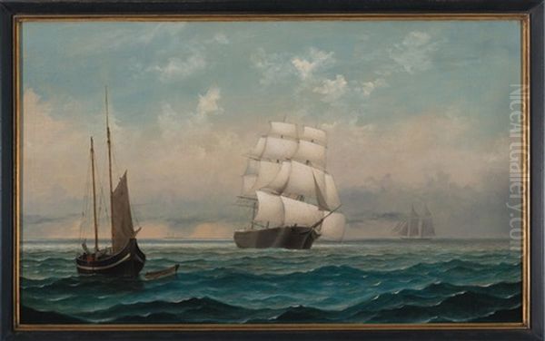 Ship At Sail With Fishing Boat And Schooner Oil Painting by Mary Blood Mellen