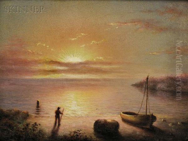 Quiet Shoreline With Figure At Sunset Oil Painting by Mary Blood Mellen