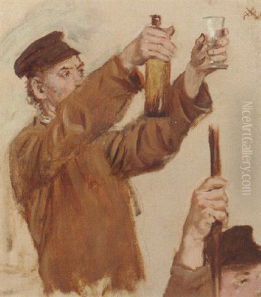 A Man Raising A Glass And Bottle Oil Painting by Xavier Mellery