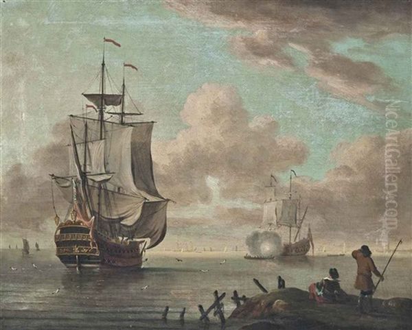 A Man-o'war Getting Underway From Its Anchorage, With Another Saluting Offshore Oil Painting by Thomas Mellish