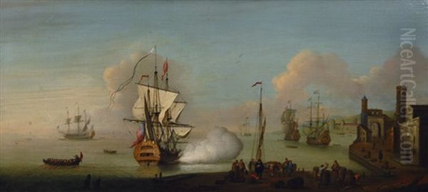 English And Dutch Ships In A Mediterranean Harbour Oil Painting by Thomas Mellish