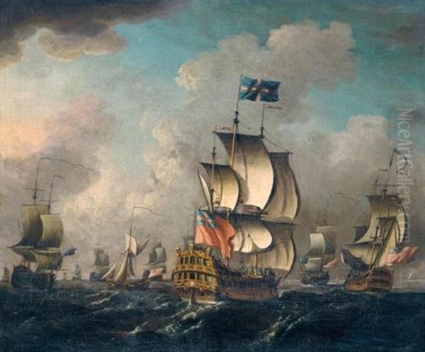 A Squadron Of The Red At Sea, The Admiral's Flagship In The Foreground Oil Painting by Thomas Mellish