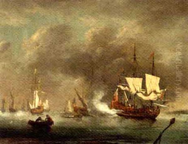 A Man-o'war Announcing Its Arrival At The Anchorage Oil Painting by Thomas Mellish