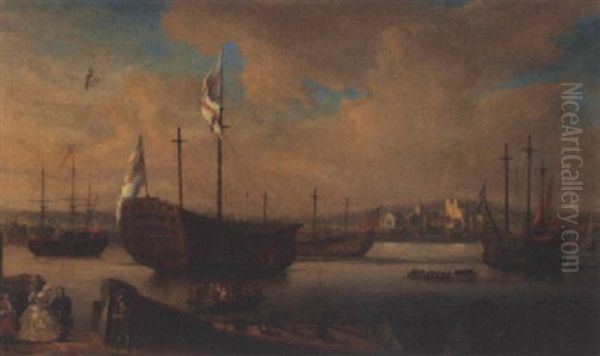 Men-o'war Laid Up Off Chatham, With A View Of Rochester Beyond Oil Painting by Thomas Mellish