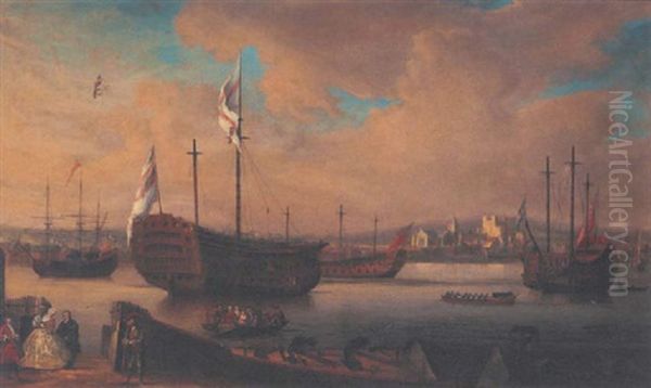 Men-o'war Laid Up Off Chatham, With A View Of Rochester Beyond Oil Painting by Thomas Mellish