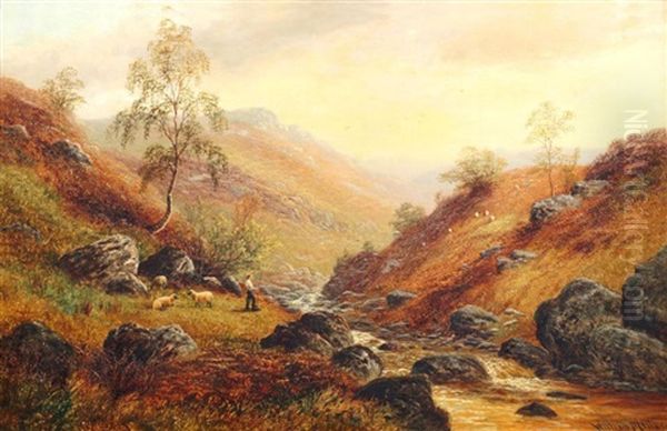 Shepherd With Sheep By A Highland Stream Oil Painting by William Mellor