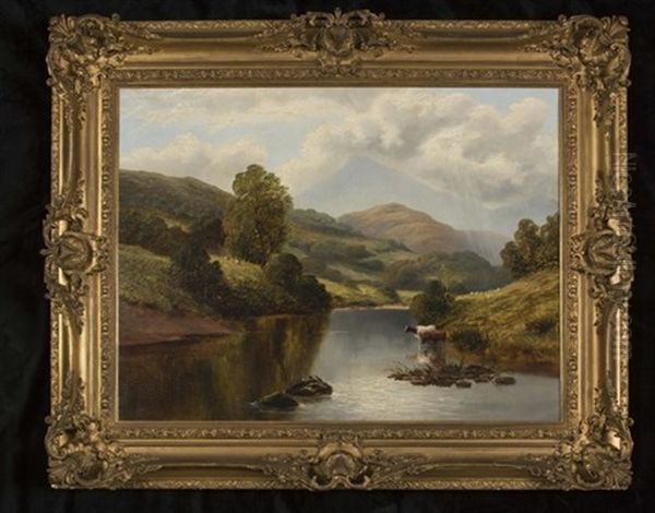 River Landscape With Cattle Watering Oil Painting by William Mellor