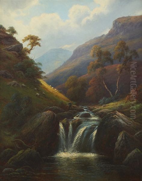 Man Fishing In A Valley With Sheep Oil Painting by William Mellor