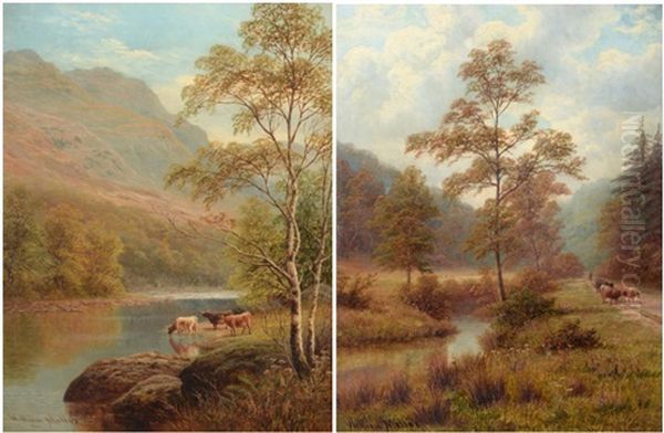 Cattle Beside A Lake In A Mountainous Landscape Oil Painting by William Mellor