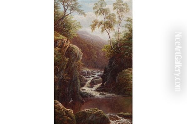 Forest Stream With Heron Oil Painting by William Mellor