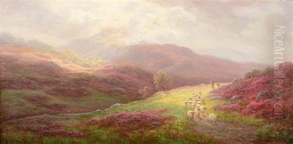 Shepherd And Sheep In Moorland Oil Painting by William Mellor