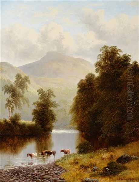 Cattle Watering In A Landscape Oil Painting by William Mellor