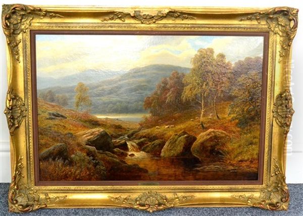 River Landscape With Sheep Grazing Oil Painting by William Mellor