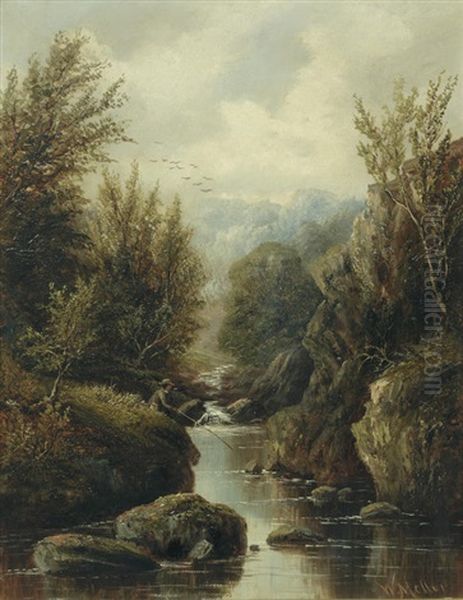 Fishing On A River, North Wales Oil Painting by William Mellor