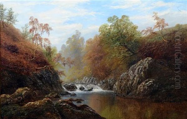 North Wales Landscape Of A River With Trees by William Mellor