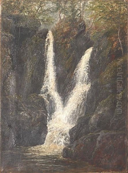 Small Waterfall In The Woods Oil Painting by William Mellor