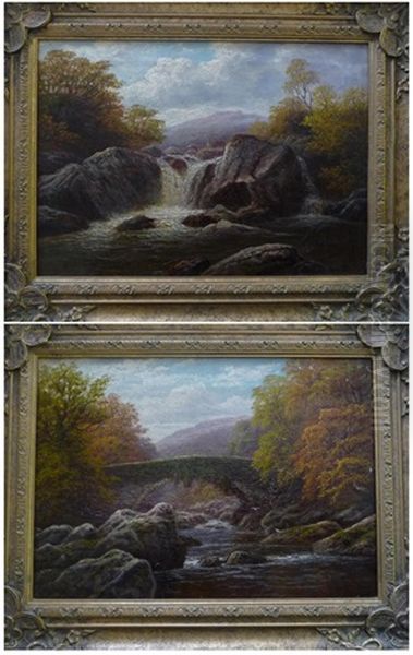 River Landscape With Waterfall In The Foreground, Hills Beyond And Bridge Spanning A Rocky River, Hills In The Distance (pair) Oil Painting by William Mellor