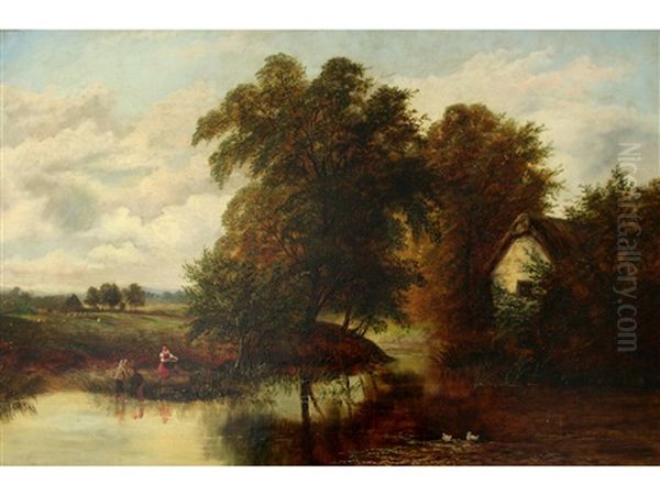 Figures By A River In A Landscape Oil Painting by William Mellor