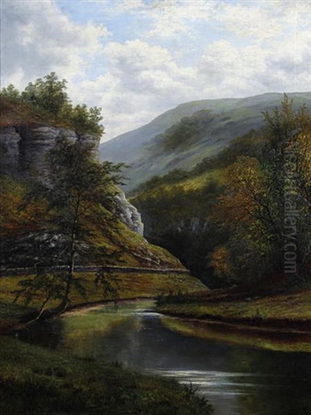 A Quiet Stream And Limestone Crags, Possibly In The Peak District Oil Painting by William Mellor