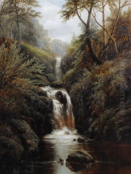 Waterfalls In Woodland, Possibly The Strid by William Mellor