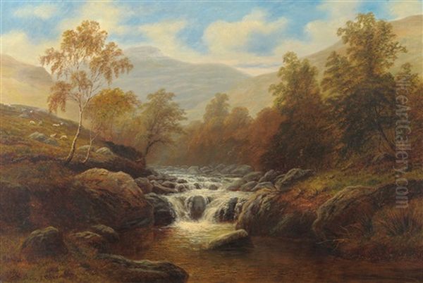 River Landscape, With A Waterfall In The Foreground Oil Painting by William Mellor